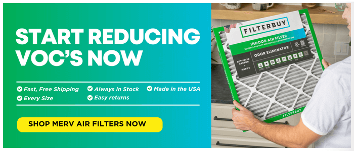 Call-to-action banner promoting MERV air filters to reduce VOCs with fast shipping and made in USA quality.